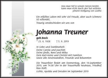 Traueranzeige von Johanna Treuner von Südthüringer Presse