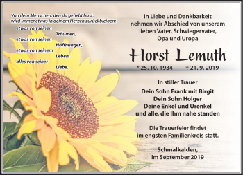 Traueranzeige von Horst Lemuth von Südthüringer Presse
