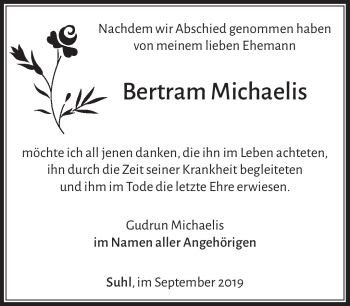 Traueranzeige von Betram Michaelis von Südthüringer Presse
