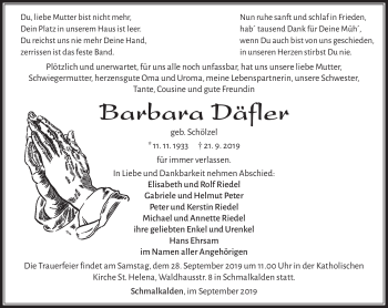 Traueranzeige von Barbara Däfler von Südthüringer Presse