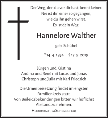 Traueranzeige von Hannelore Walther von Südthüringer Presse