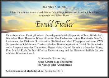 Traueranzeige von Ewald Fiedler von Südthüringer Presse