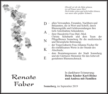 Traueranzeige von Renate Faber von Südthüringer Presse
