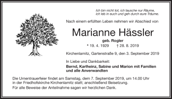 Traueranzeige von Marianne Hässler von Frankenpost