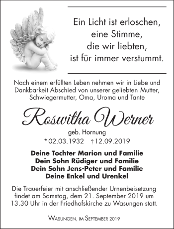 Traueranzeige von Roswitha Werner von Südthüringer Presse