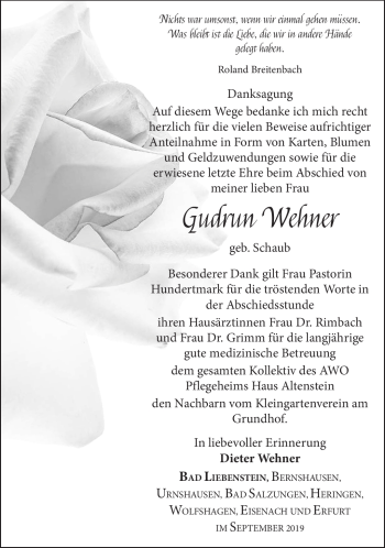 Traueranzeige von Gudrun Wehner von Südthüringer Presse