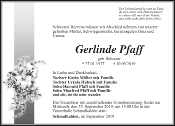 Traueranzeige von Gerlinde Pfaff von Südthüringer Presse