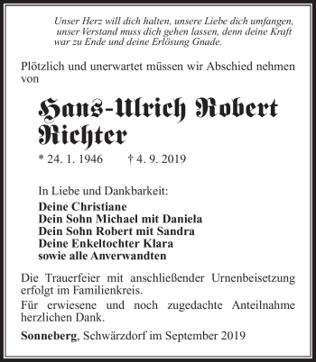 Traueranzeige von Hans-Ulrich Richter von Südthüringer Presse