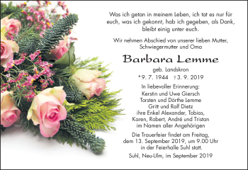 Traueranzeige von Barbara Lemme von Südthüringer Presse