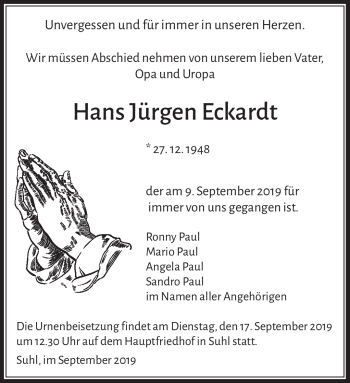 Traueranzeige von Hans Jürgen Eckardt von Südthüringer Presse