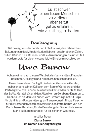 Traueranzeige von Uwe Burow von Südthüringer Presse