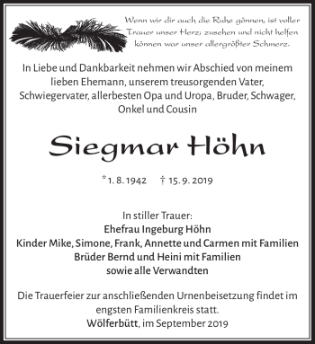 Traueranzeige von Siegmar Höhn von Südthüringer Presse