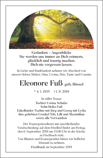 Traueranzeige von Eleoneore Fuß von Südthüringer Presse