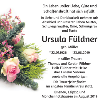 Traueranzeige von Ursula Füldner von Südthüringer Presse