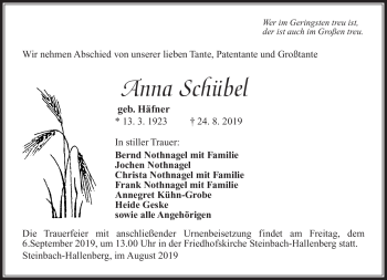 Traueranzeige von Anna Schübel von Südthüringer Presse