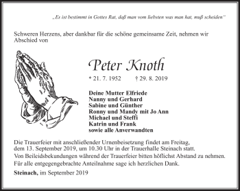 Traueranzeige von Peter Knoth von Südthüringer Presse