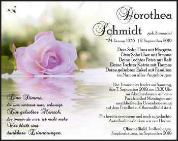 Traueranzeige von Dorothea Schmidt von Südthüringer Presse