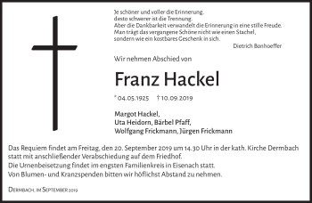 Traueranzeige von Franz Hackel von Südthüringer Presse