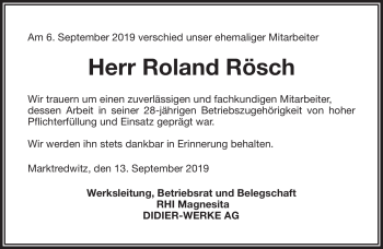 Traueranzeige von Roland Rösch von Frankenpost