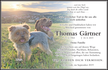 Traueranzeige von Thomas Gärtner von Südthüringer Presse