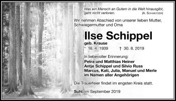 Traueranzeige von Ilse Schippel von Südthüringer Presse