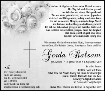 Traueranzeige von Gerda Balsam von Südthüringer Presse