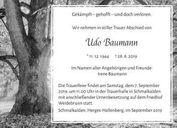 Traueranzeige von Udo Baumann von Südthüringer Presse