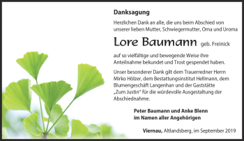Traueranzeige von Lore Baumann von Südthüringer Presse