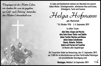 Traueranzeige von Helga Hofmann von Südthüringer Presse