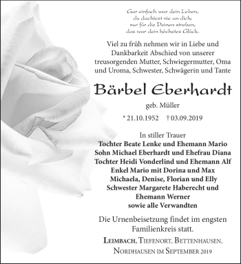 Traueranzeige von Bärbel Eberhardt von Südthüringer Presse