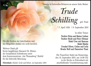 Traueranzeige von Trude Schilling von Südthüringer Presse