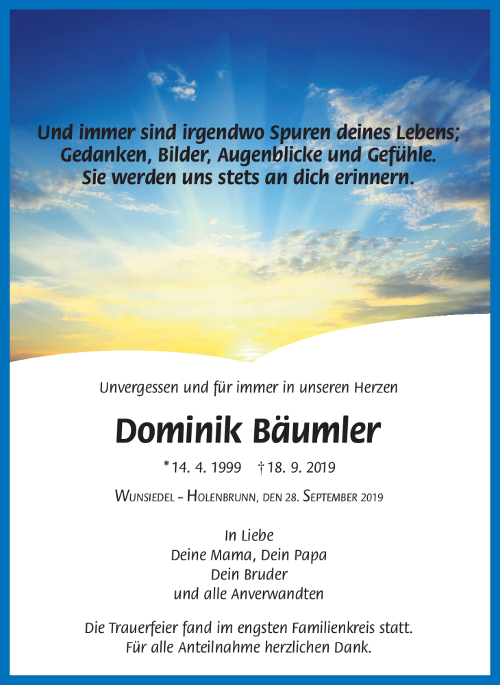  Traueranzeige für Dominik Bäumler vom 28.09.2019 aus Frankenpost