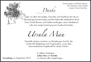 Traueranzeige von Ursula Mau von Südthüringer Presse