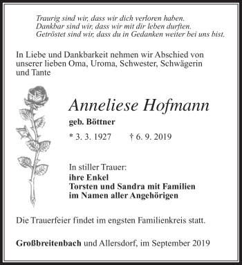 Traueranzeige von Anneliese Hofmann von Südthüringer Presse