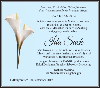 Traueranzeige von Ida Sack von Südthüringer Presse