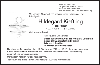Traueranzeige von Hildegard Kießling von Frankenpost