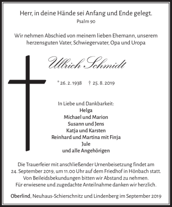 Traueranzeige von Ullrich Schmidt von Südthüringer Presse