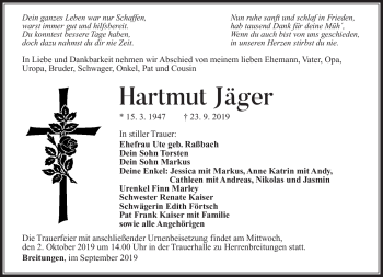 Traueranzeige von Hartmut Jäger von Südthüringer Presse