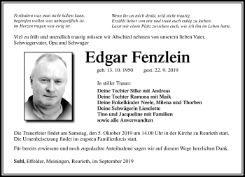 Traueranzeige von Edgar Fenzlein von Südthüringer Presse
