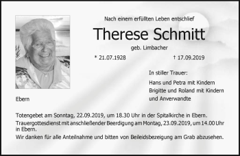 Traueranzeige von Therese Schmitt von Neue Presse Coburg