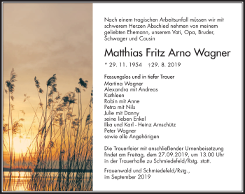Traueranzeige von Matthias Fritz Arno Wagner von Südthüringer Presse