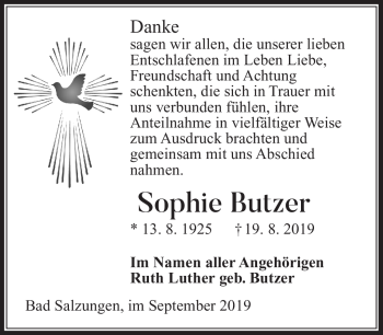 Traueranzeige von Sophie Butzer von Südthüringer Presse