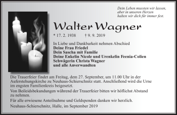 Traueranzeige von Walter Wagner von Südthüringer Presse