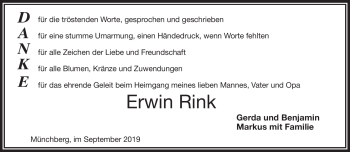 Traueranzeige von Erwin Rink von Frankenpost