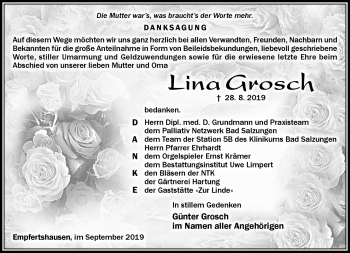 Traueranzeige von Lina Grosch von Südthüringer Presse