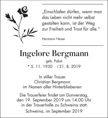 Traueranzeige von Ingelore Bergmann von Südthüringer Presse
