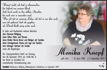 Traueranzeige von Monika Knopf von Südthüringer Presse