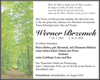 Traueranzeige von Werner Brzemek von Südthüringer Presse