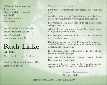 Traueranzeige von Ruth Linke von Südthüringer Presse