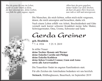 Traueranzeige von Gerda Greiner von Südthüringer Presse